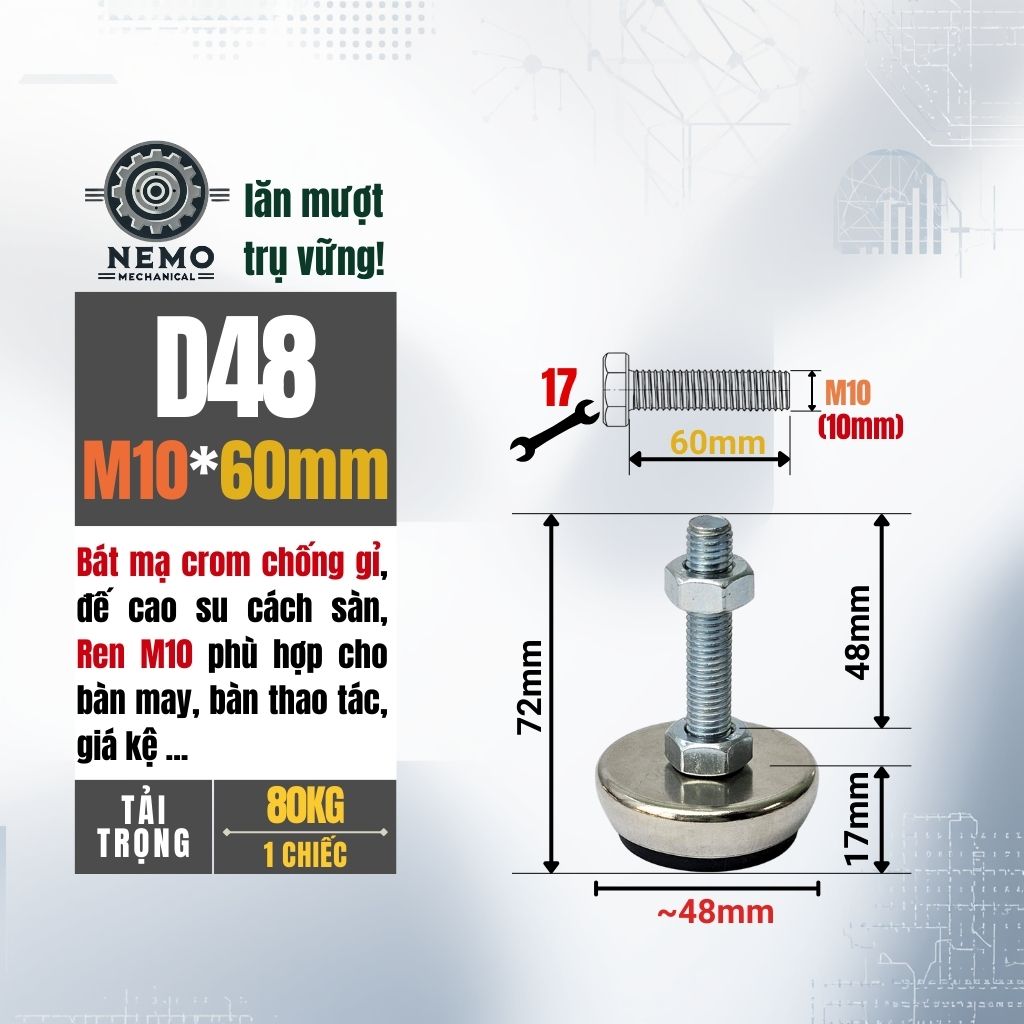 Chân Tăng Chỉnh Bát Thép Mạ Crom – Thẩm Mỹ Cao, Chống Rỉ Sét & Cân Bằng Thiết Bị (M8, M10, M12)
